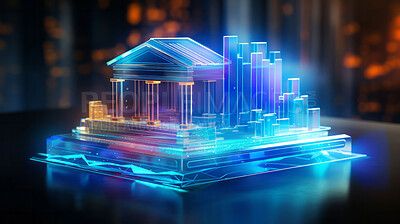 Buy stock photo 3d Hologram of bank, graphs collage. Financial and stock market concept.