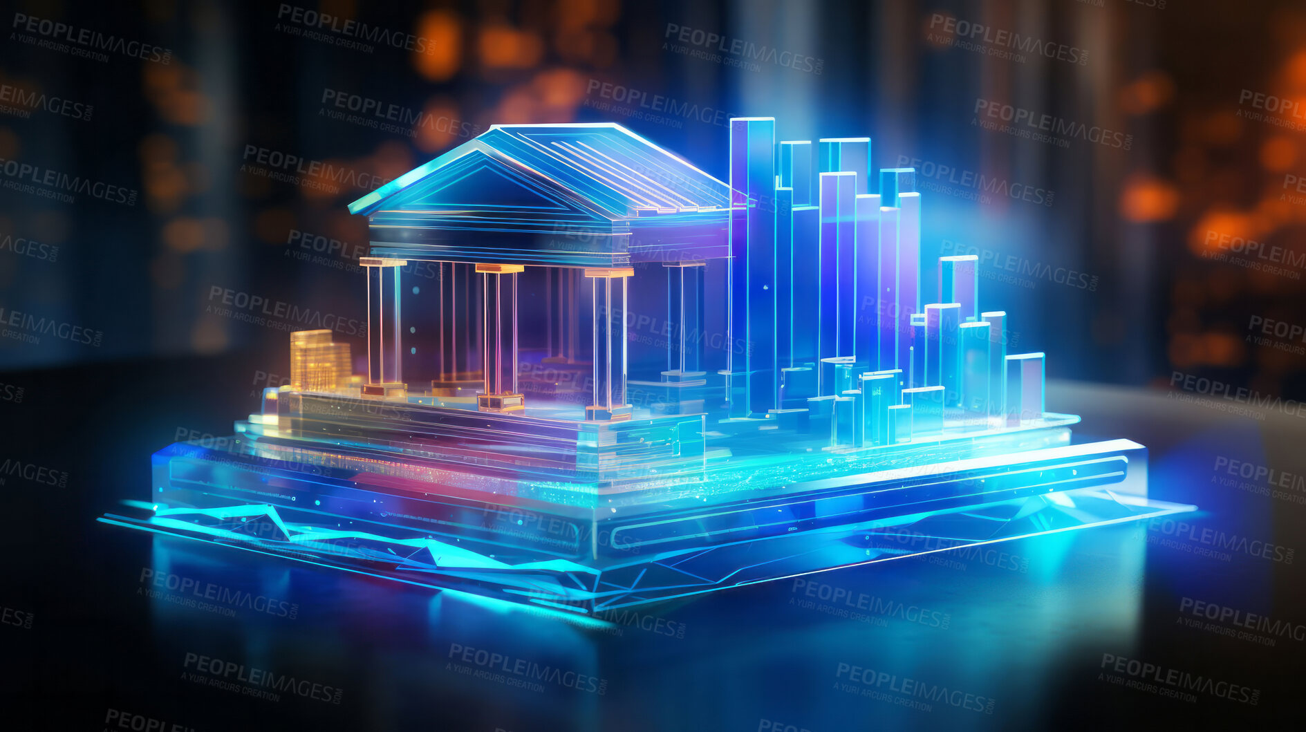 Buy stock photo 3d Hologram of bank, graphs collage. Financial and stock market concept.