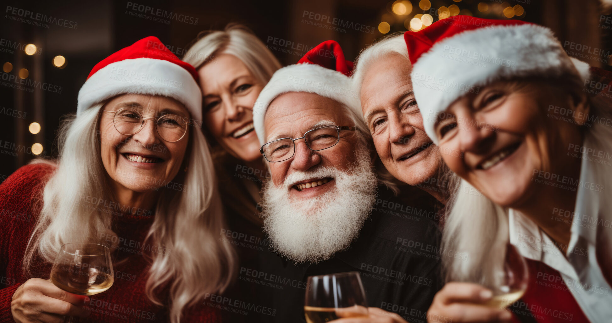 Buy stock photo Senior friends and family at Christmas party. Active holiday fun, bonding and retirement
