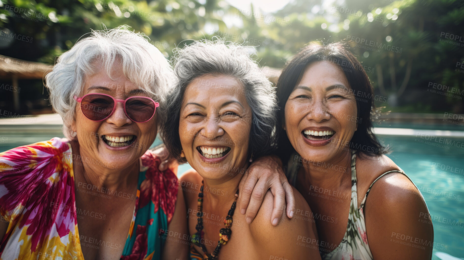 Buy stock photo Senior friends in swimming pool. Active holiday fun, fitness and longevity