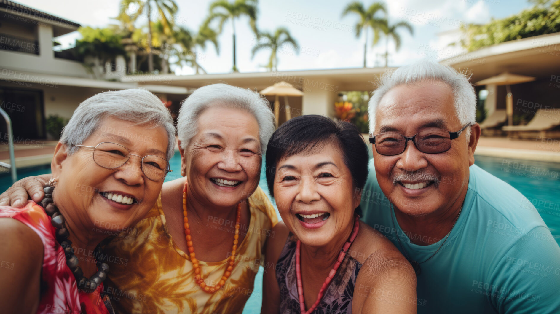 Buy stock photo Senior friends by hotel pool. Active holiday fun, fitness and longevity