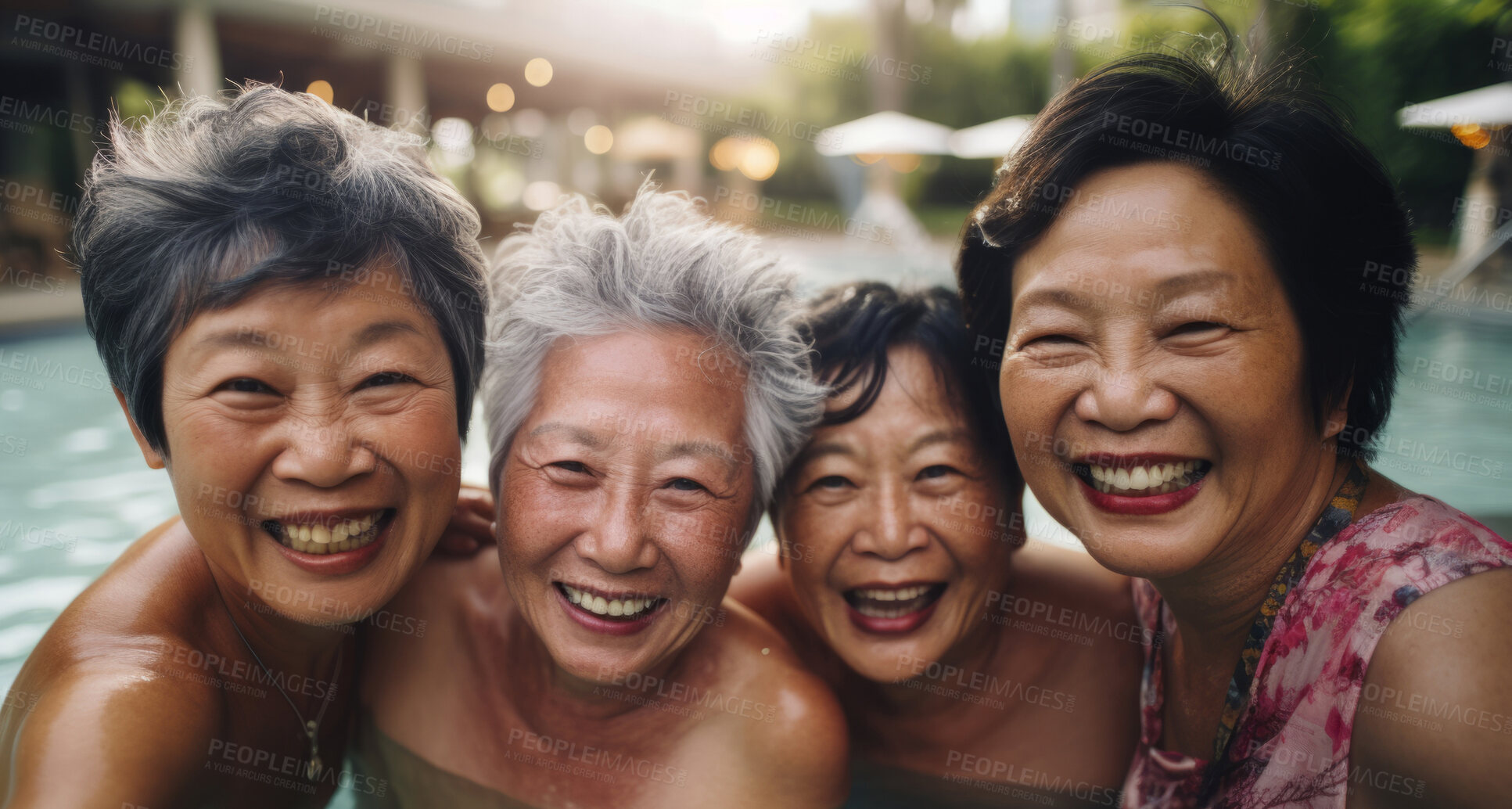 Buy stock photo Senior friends in swimming pool. Active holiday fun, fitness and longevity