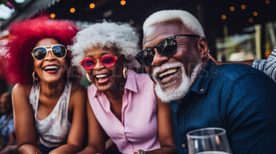 Buy stock photo Senior friends on active holiday. Travel fun, bonding and retirement