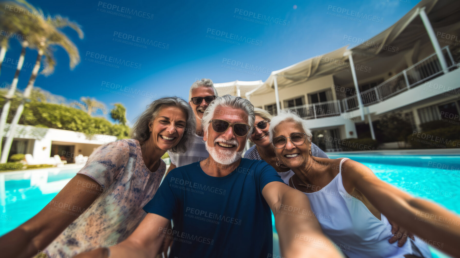 Buy stock photo Senior friends in swimming pool. Active holiday fun, fitness and longevity