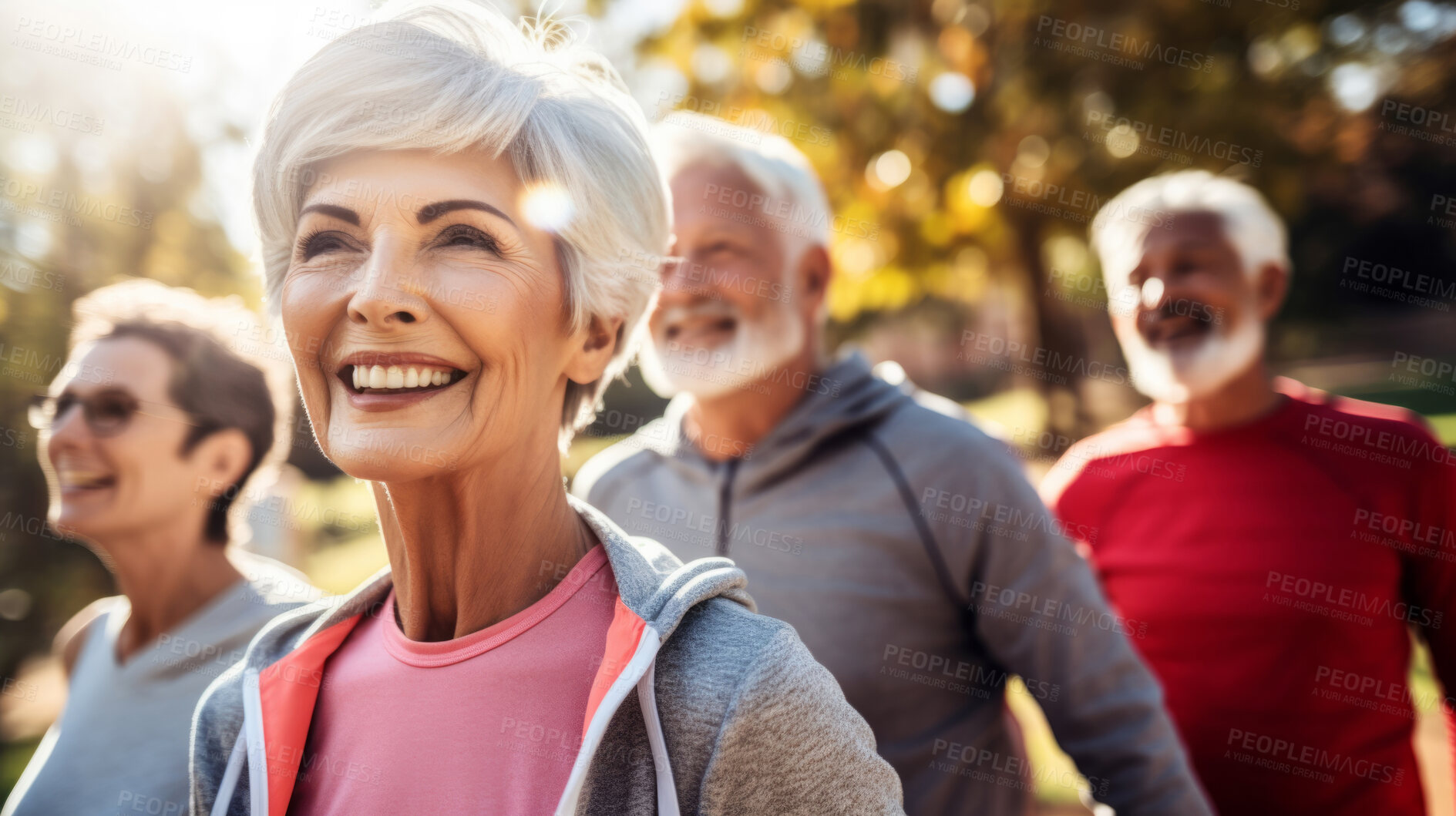 Buy stock photo Senior training workout with retirement community. Exercise and happy elderly friends