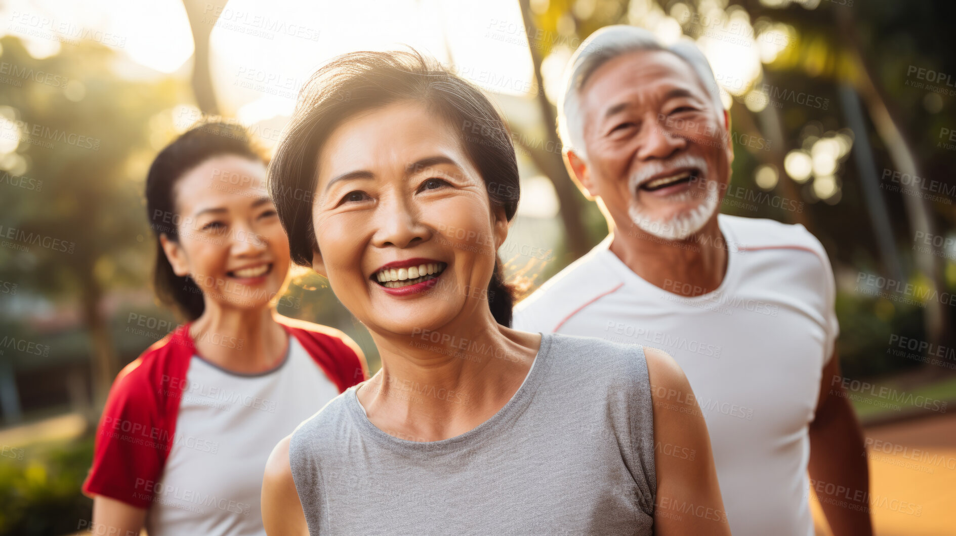 Buy stock photo Senior training workout with retirement community. Exercise and happy elderly friends