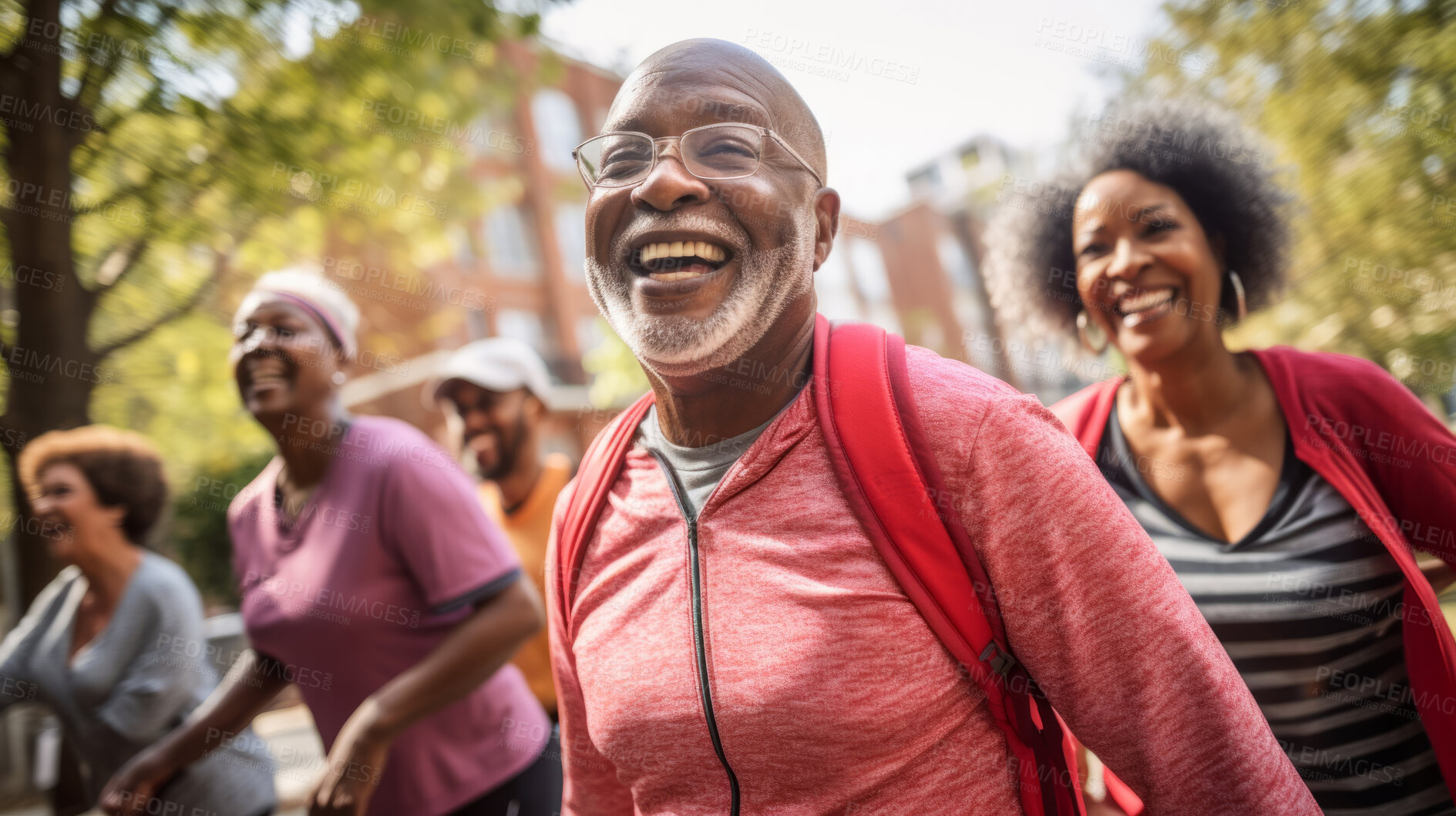 Buy stock photo Senior training workout with retirement community. Exercise and happy elderly friends