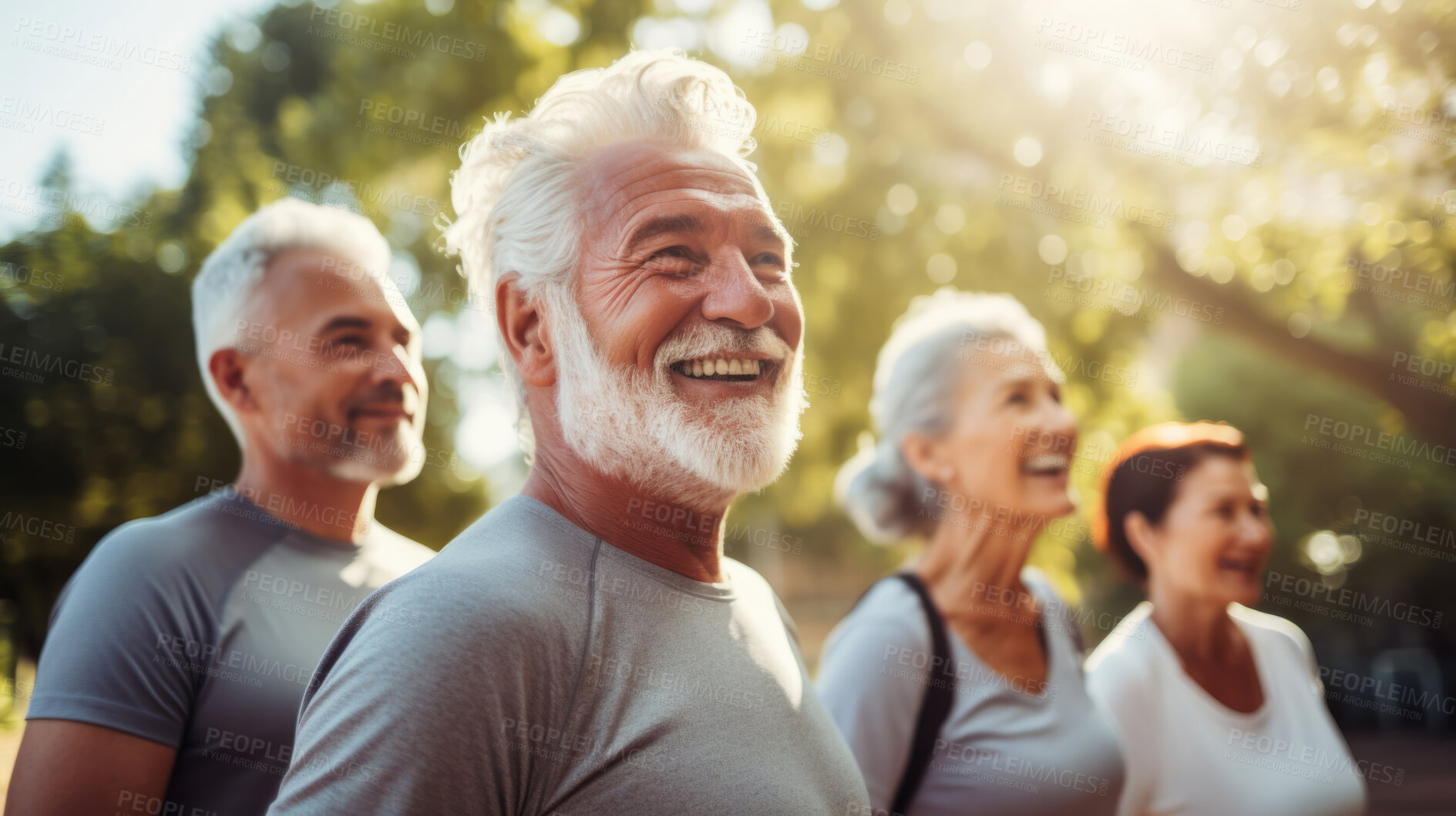 Buy stock photo Senior training workout with retirement community. Exercise and happy elderly friends