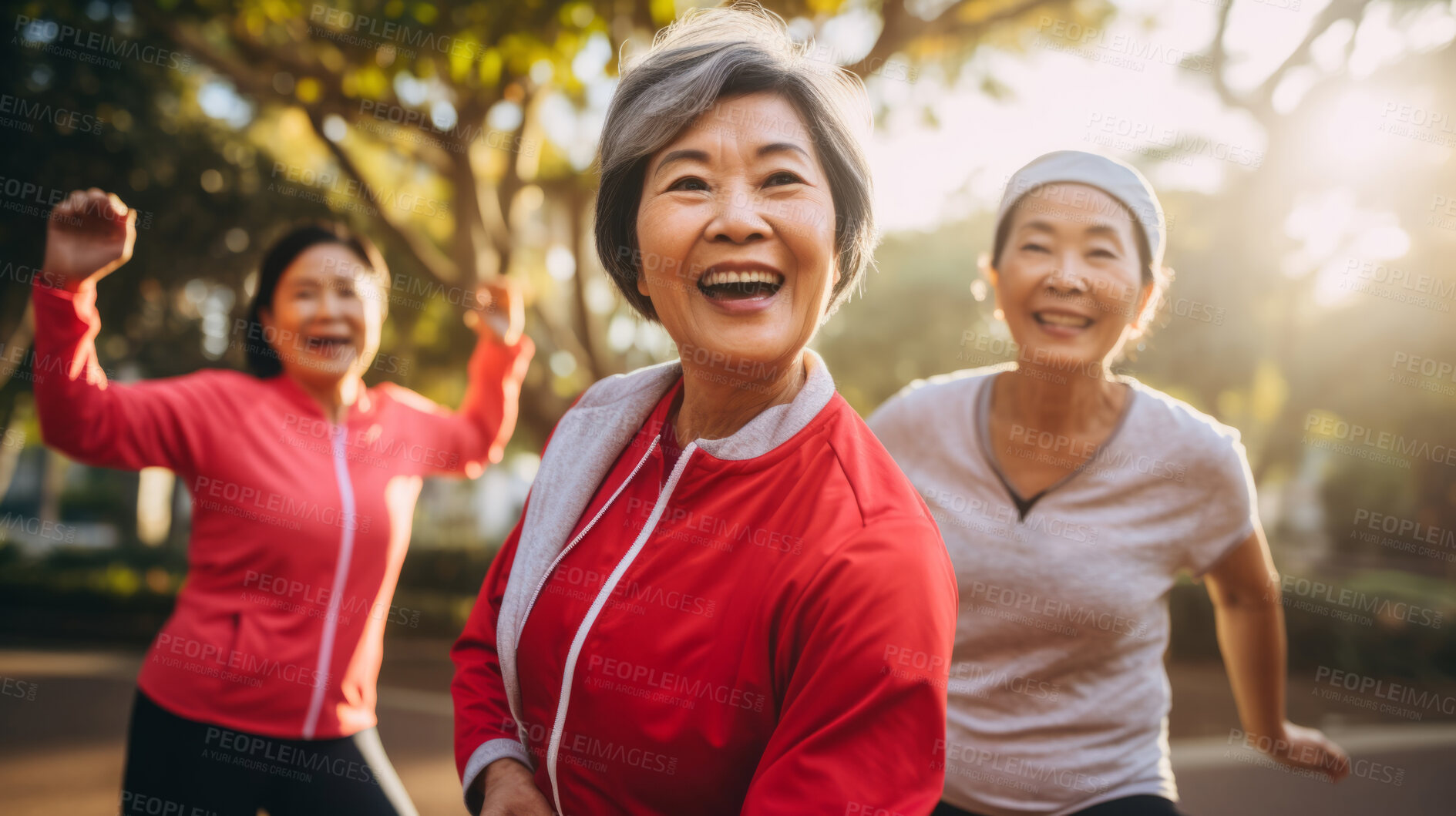 Buy stock photo Senior training workout with retirement community. Exercise and happy elderly friends