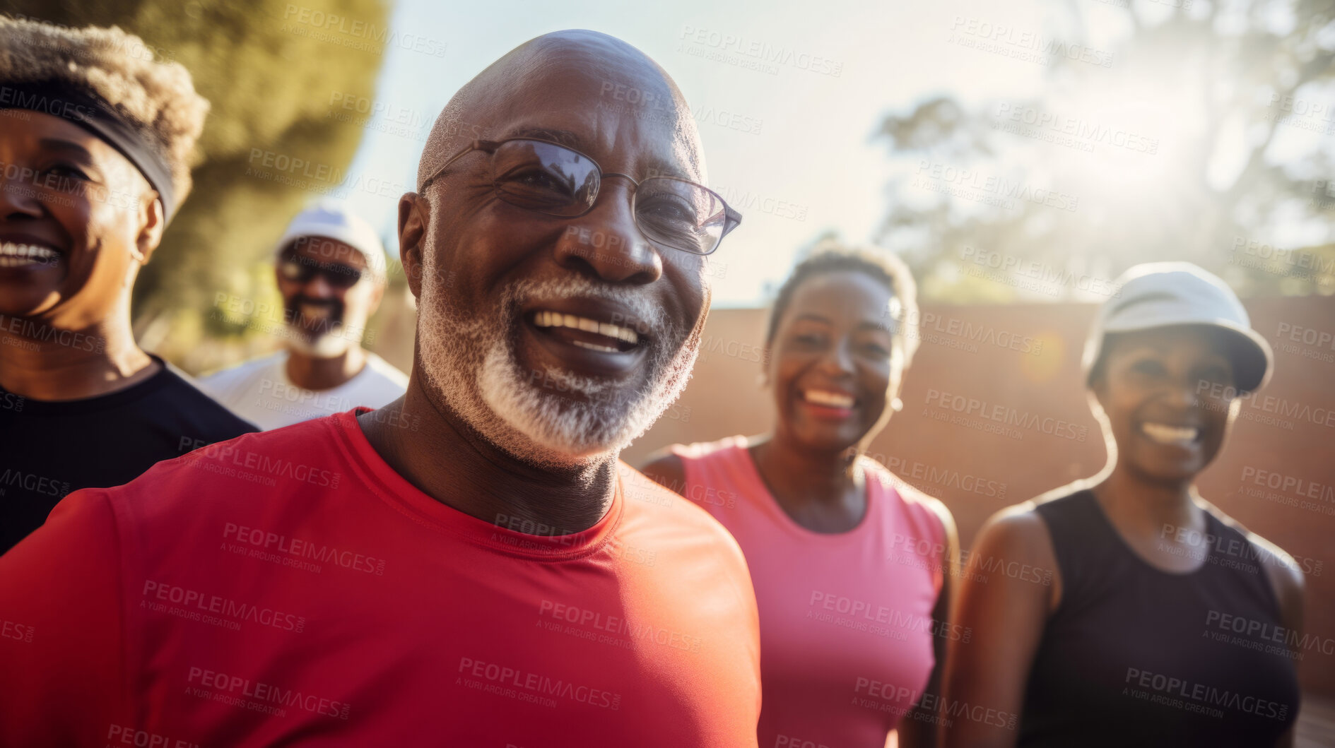 Buy stock photo Senior training workout with retirement community. Exercise and happy elderly friends