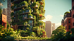 Architecture, sustainability and carbon footprint with buildings in city for environment.