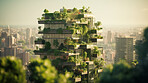 Architecture, sustainability and carbon footprint with buildings in city for environment.