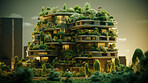 Architecture, sustainability and carbon footprint with buildings in city for environment.