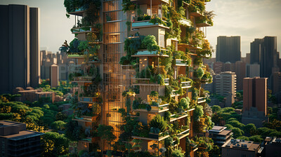 Architecture, sustainability and carbon footprint with buildings in city for environment.