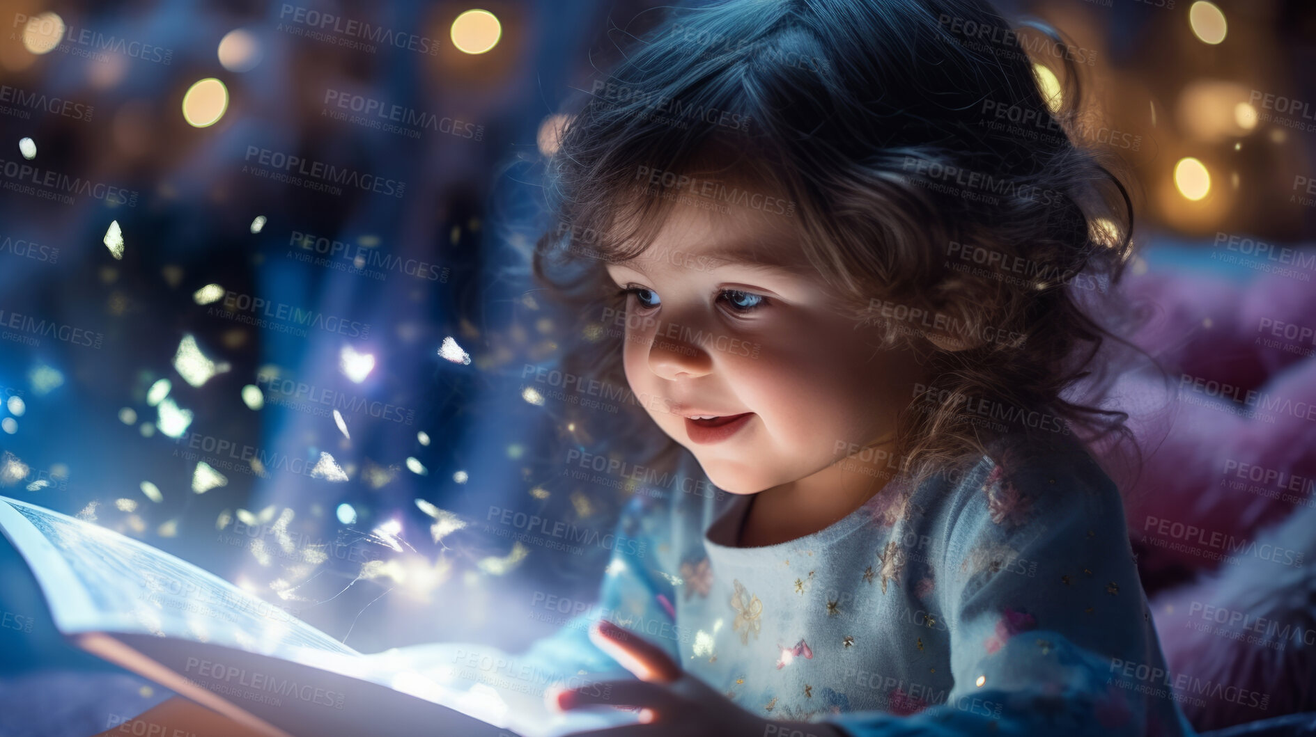 Buy stock photo Child reading a book. A little toddler boy holding a book and reading a fairytale story