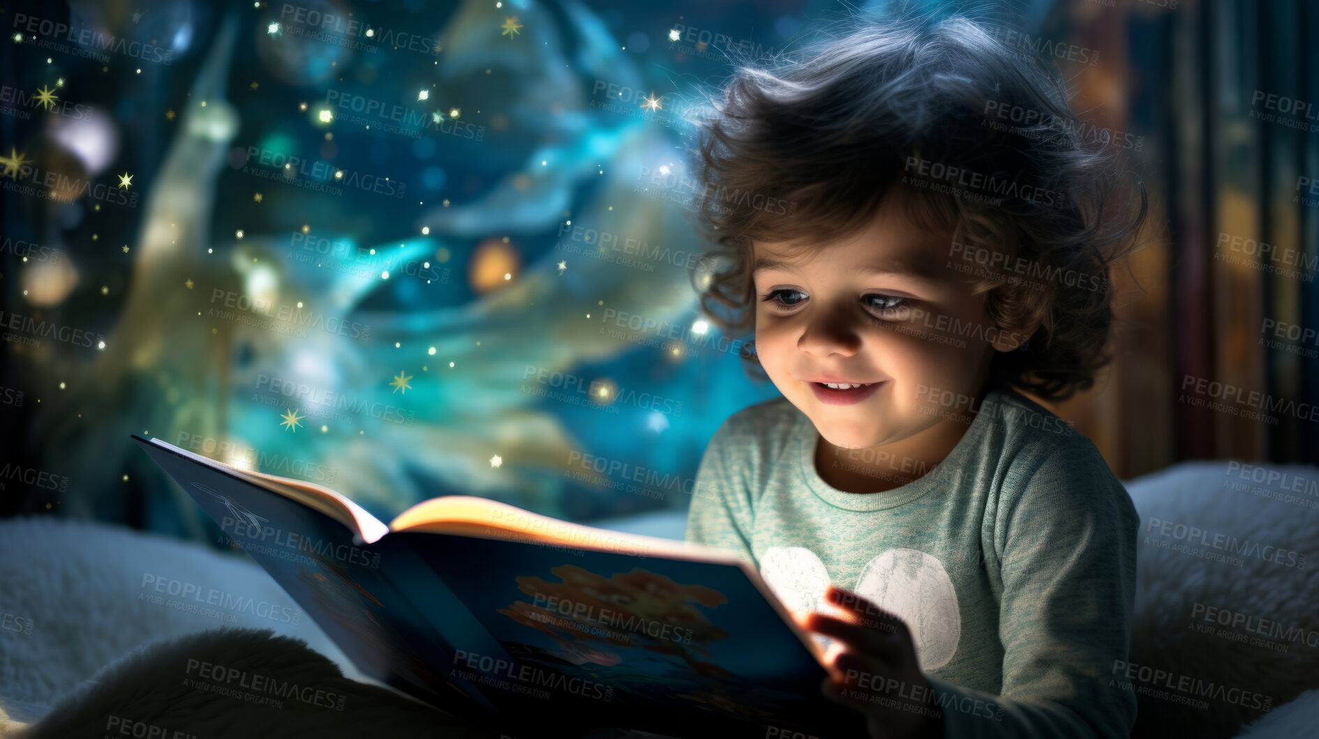 Buy stock photo Child reading a book. A little toddler boy holding a book and reading a fairytale story