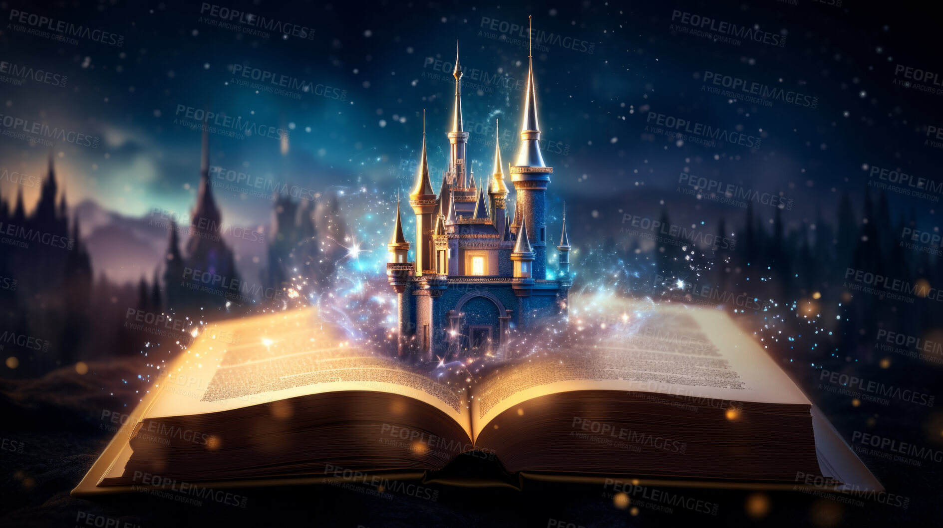 Buy stock photo Education, fantasy and growth with book and castle on table for fairytale and imagination