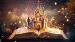 Education, fantasy and growth with book and castle on table for fairytale and imagination