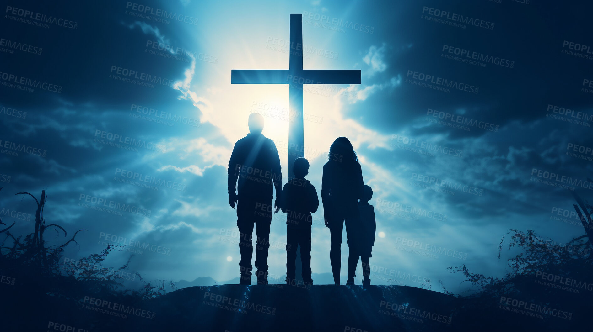 Buy stock photo Silhouette, family and Christian cross for praying, religion and funeral social gathering