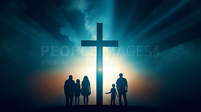 Silhouette, family and Christian cross for praying, religion and funeral social gathering