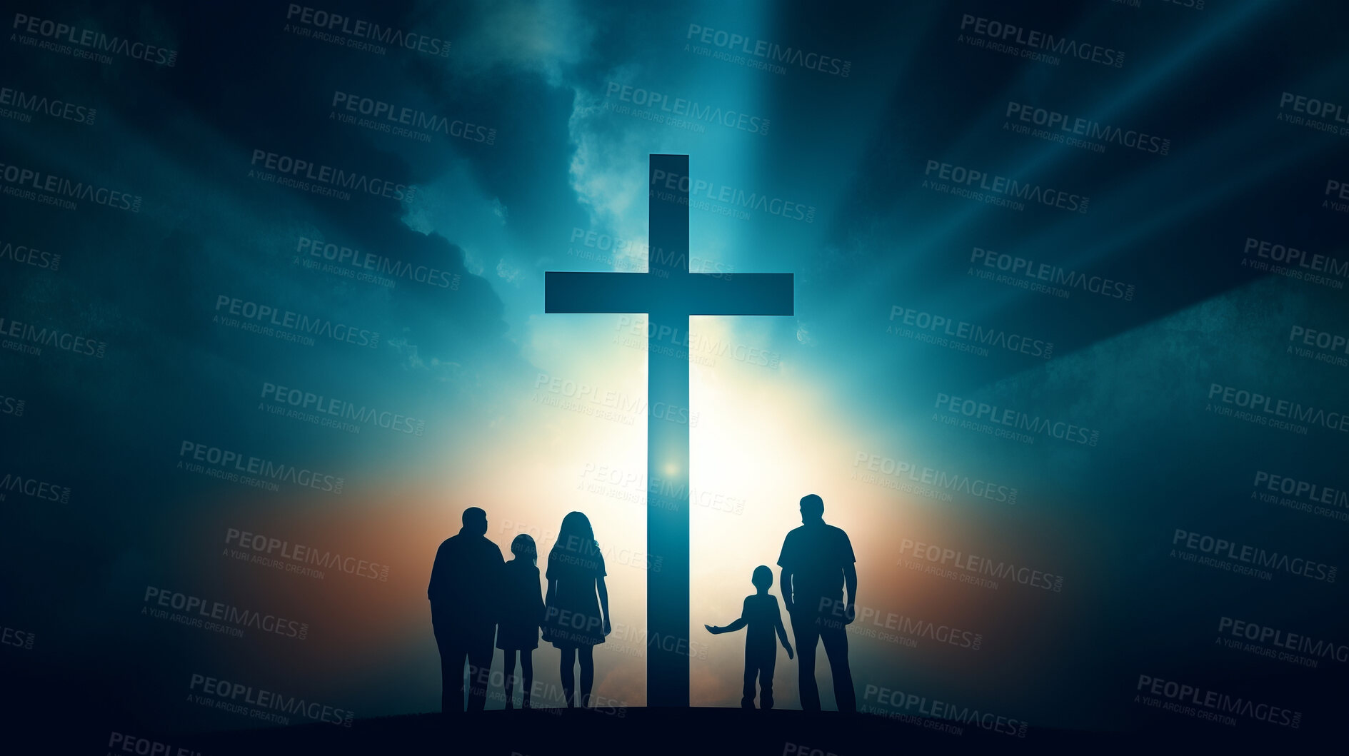 Buy stock photo Silhouette, family and Christian cross for praying, religion and funeral social gathering