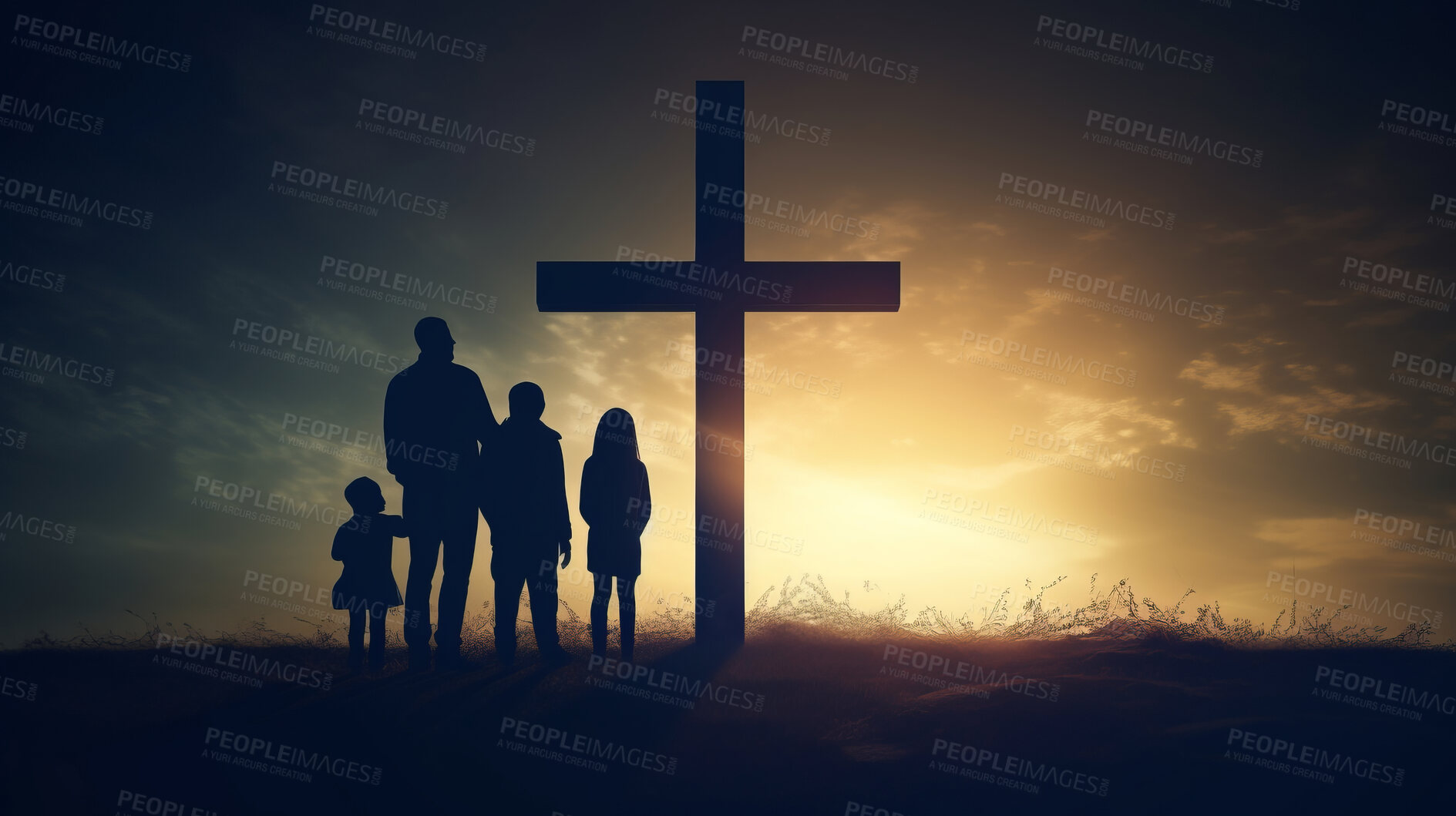 Buy stock photo Silhouette, family and Christian cross for praying, religion and funeral social gathering