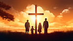 Silhouette, family and Christian cross for praying, religion and funeral social gathering