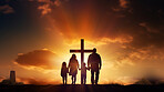 Silhouette, family and Christian cross for praying, religion and funeral social gathering