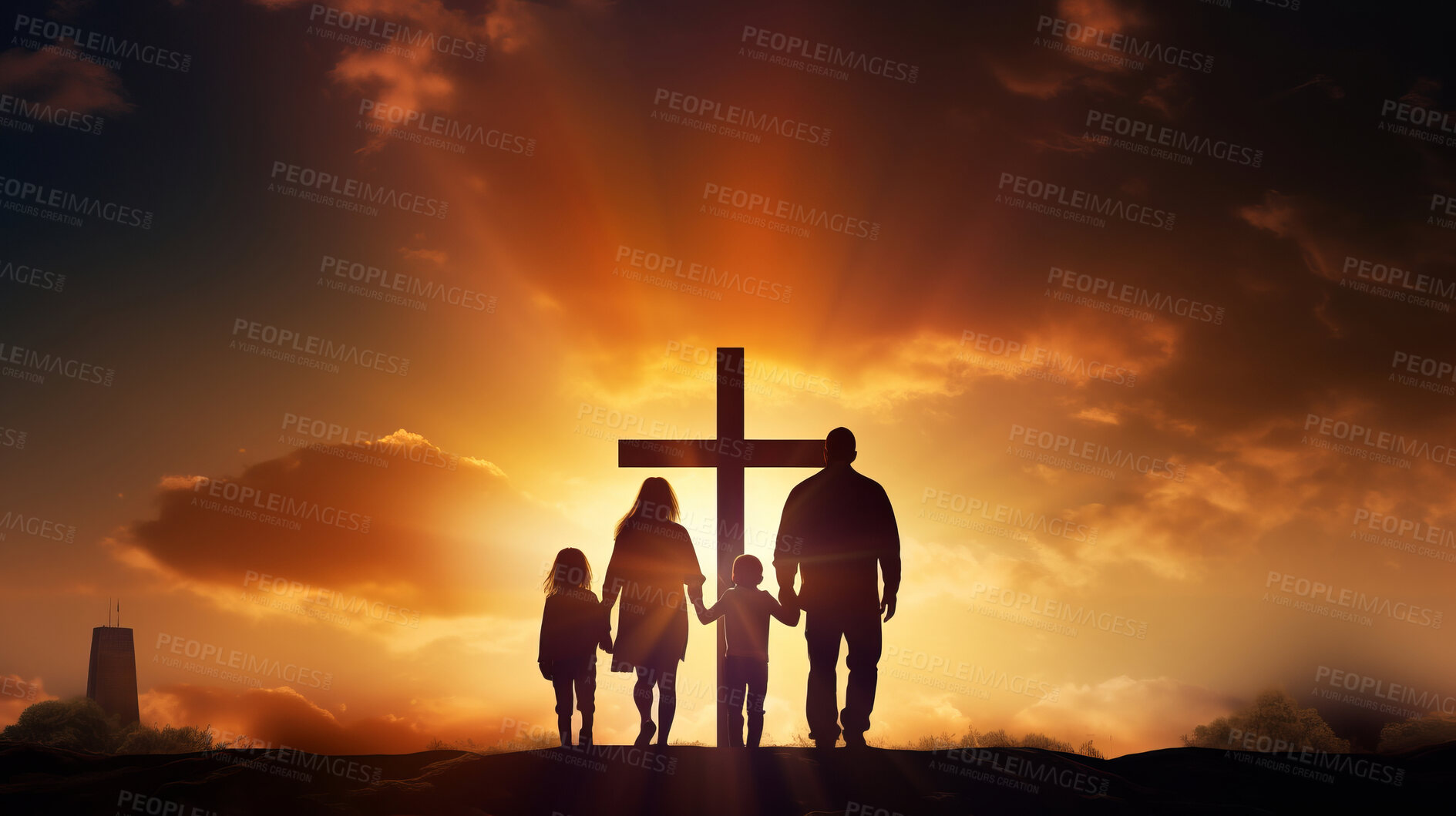 Buy stock photo Silhouette, family and Christian cross for praying, religion and funeral social gathering