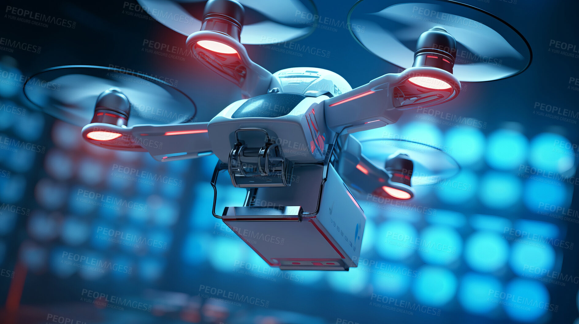 Buy stock photo Delivery drone with package. Secure emergency care transport concept