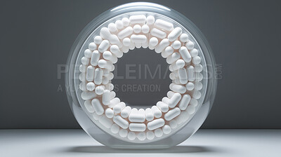 Buy stock photo Pills and medical science development for future drugs, medicine and pharmaceutical innovation