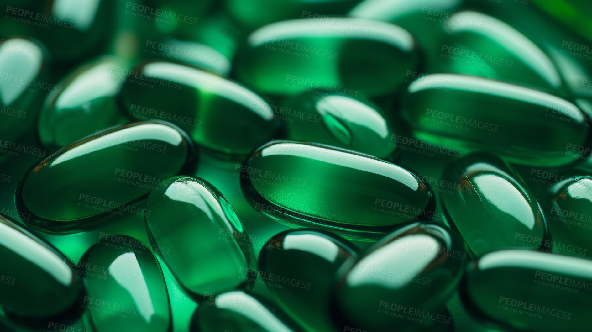 Buy stock photo Green gel pills background. Health supplement and science medicine research concept