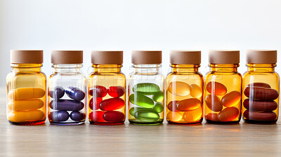 Colorful gel pills in glass containers. Health supplement and science medicine research concept