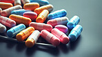 Colorful pills background. Health supplement and science medicine research concept