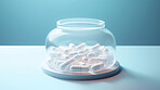 White pills in glass container. Health supplement and science medicine research concept