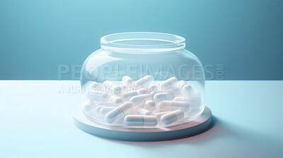 White pills in glass container. Health supplement and science medicine research concept