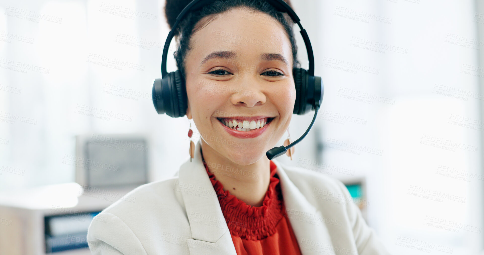 Buy stock photo Call center, woman and portrait with smile, consulting and agent in customer service, headphones or microphone. African person, tech support and happy for FAQ, sales lead and telemarketing with voip