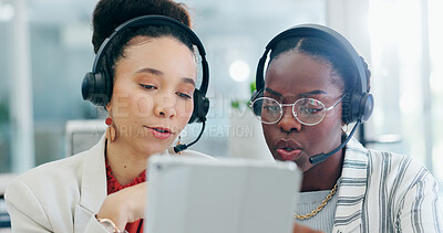 Woman, tablet and call center teamwork, training or telemarketing management, planning or sales solution. Manager, business people or consultant on digital technology support, questions or feedback