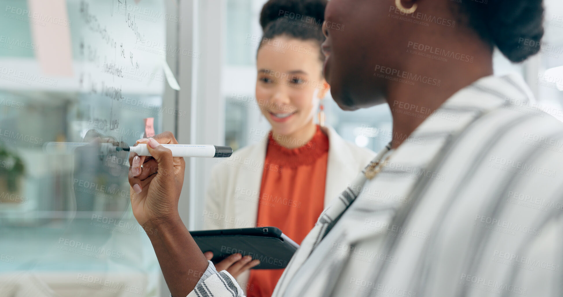 Buy stock photo Hands, glass wall and professional women writing list, notes or brainstorming research, process or problem solving solution. Priority, project and team planning sales idea, agenda or development plan