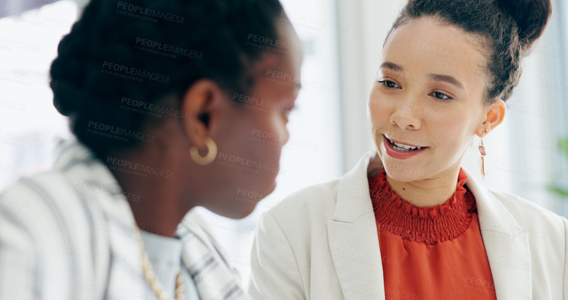 Buy stock photo Business women, discussion and planning in the office with teamwork and coaching for legal case together. Mentor, partnership and professional female attorneys working in collaboration in workplace.