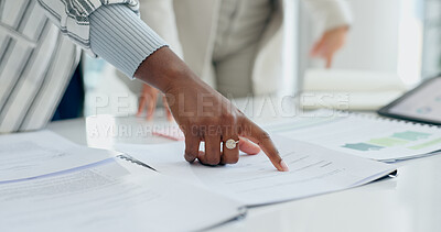 Sign, hands, discussion with documents, reading or analysis for report in workplace. Partnership, coaching and paperwork at desk for proposal, compliance or research in financial agency