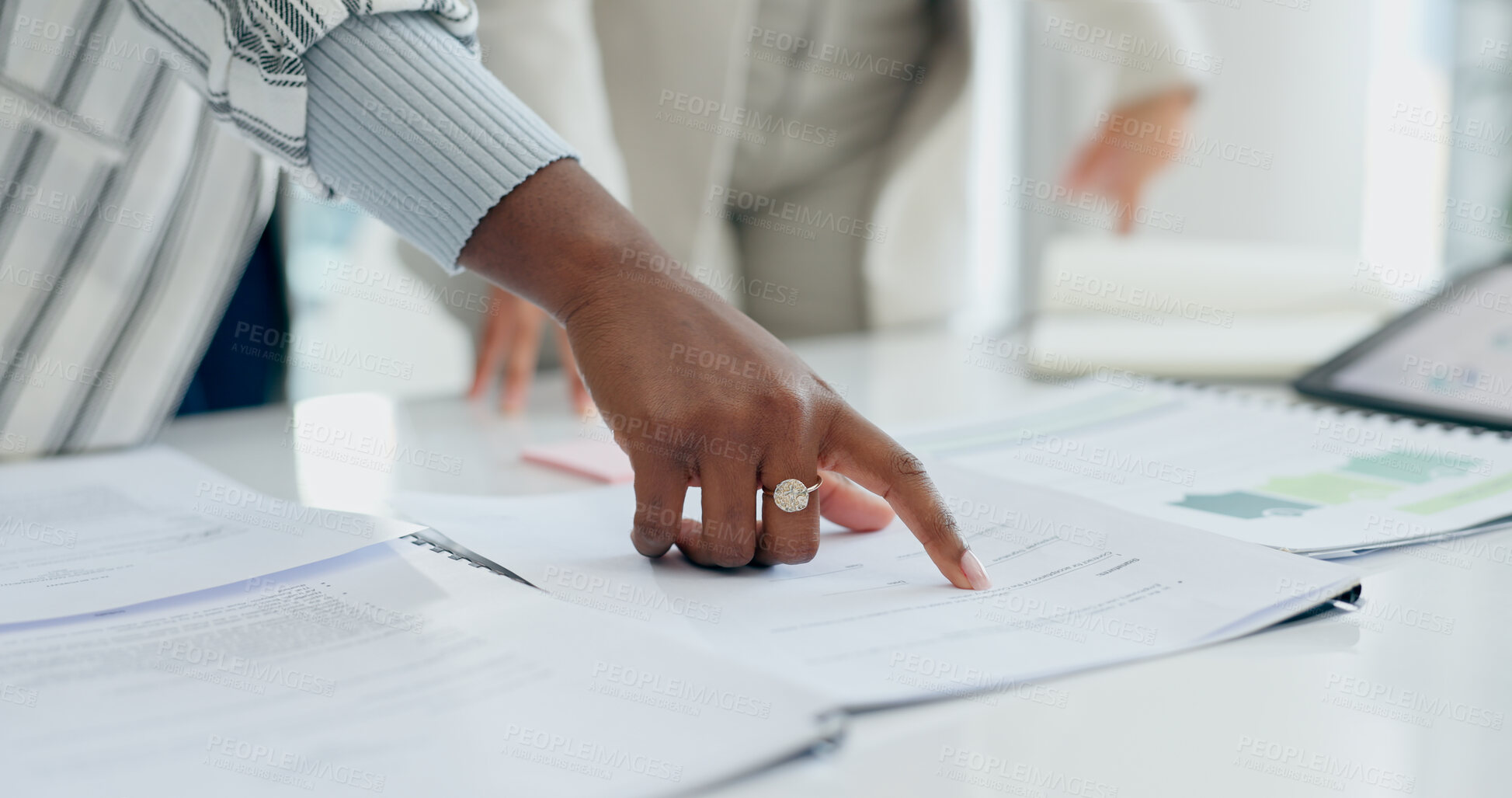 Buy stock photo Hand, documents or planning with a business person reading information in the office closeup for strategy. Finger, pointing and report with a corporate employee in a professional workplace for review