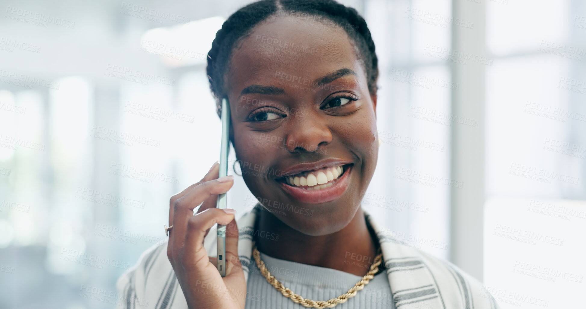 Buy stock photo Black woman, business phone call and smile in office for networking, deal negotiation and thinking. Excited African entrepreneur, smartphone and happy for discussion, sales consulting and workplace