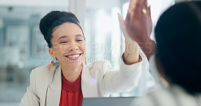 Happy business woman, high five and meeting for interview, teamwork or collaboration at office. Female person or employer touching hands in hiring success, team building or recruiting at workplace