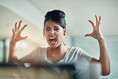 Buy stock photo Stress, screaming and angry business woman in office with anxiety, problem and internet crisis. Frustrated, shouting and female person annoyed with glitch, delay or online problem, 404 and disaster  