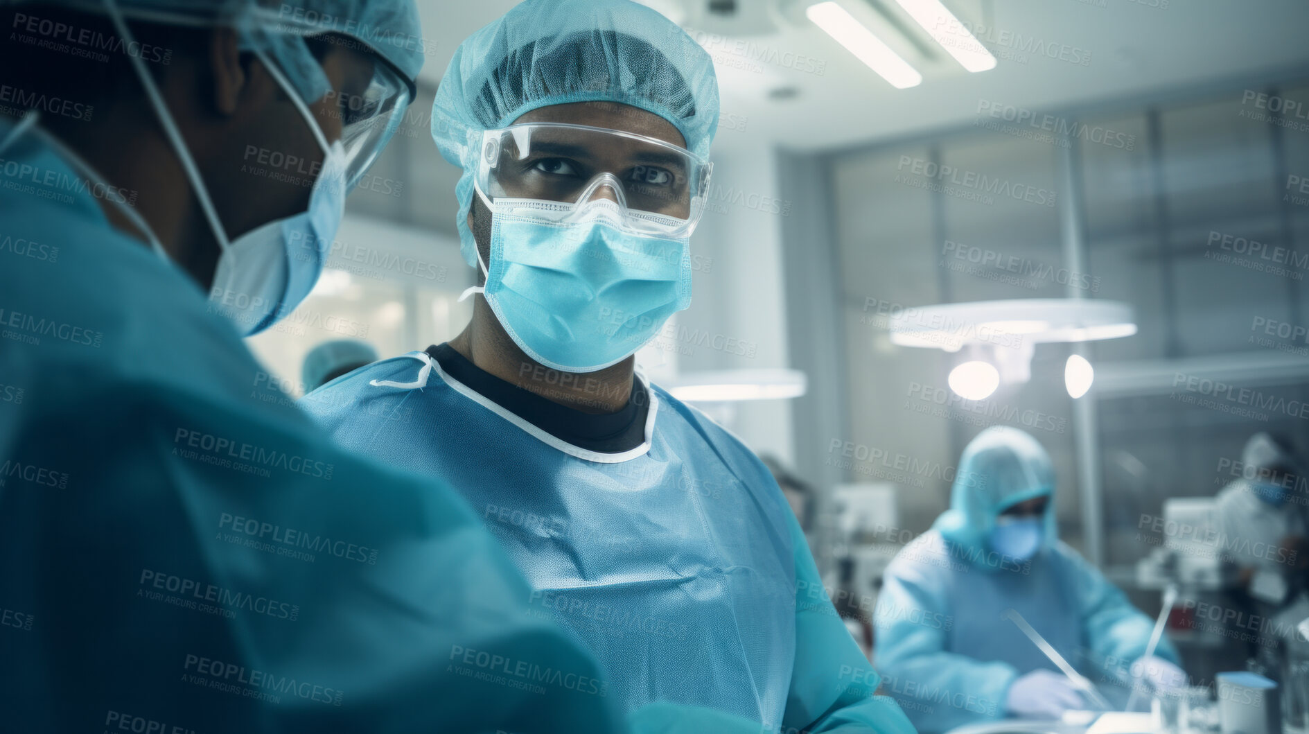 Buy stock photo Surgeon or doctor in the operating hospital room -performing an operation