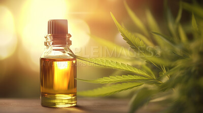 Buy stock photo Cannabis oil in bottle on background with copy space. Medical cannabis