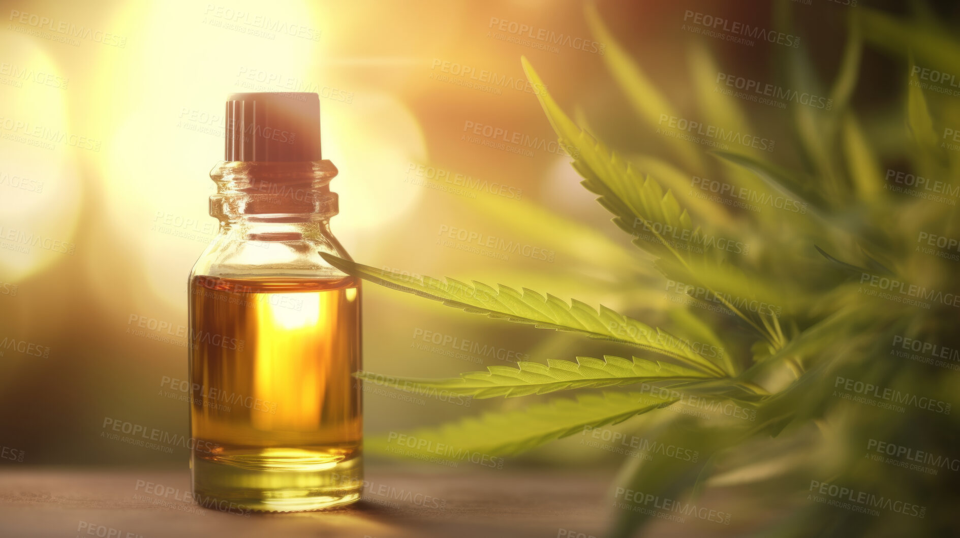 Buy stock photo Cannabis oil in bottle on background with copy space. Medical cannabis