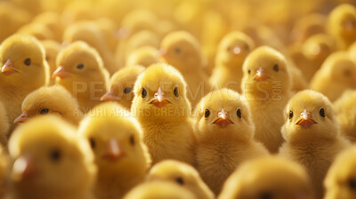 Large group of newly hatched yellow baby chicks. Free range organic chicken country farm