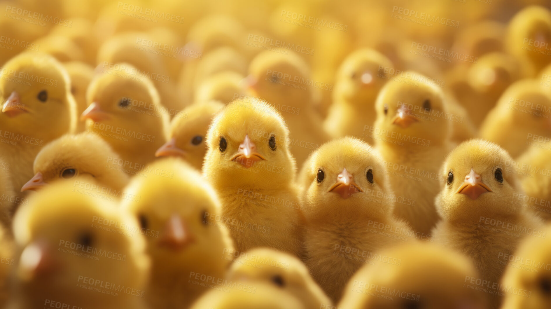 Buy stock photo Large group of newly hatched yellow baby chicks. Free range organic chicken country farm